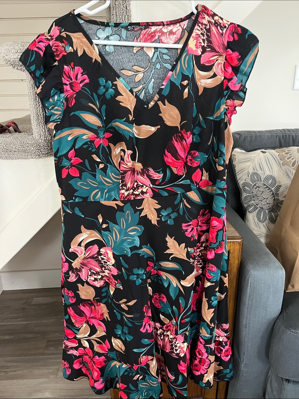 BloomChic Black Midi Dress with Pink, Teal & Gold Floral Print